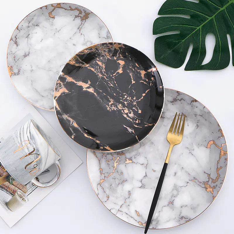 Marble Pattern Plate, Nordic Dinnerware with Gold Edge