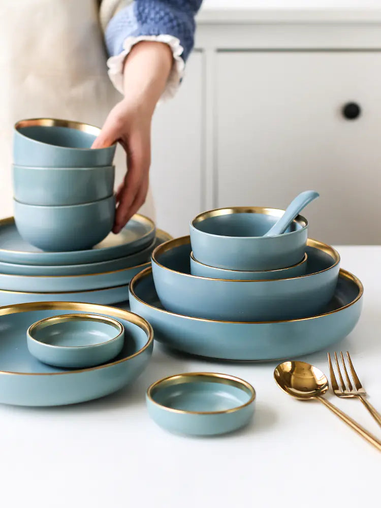 Nordic Gold Trim Ceramic Dinnerware Set (Plates & Bowls) - Eclatliving Kitchen & Dining